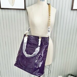 Iman NWT Global Chic Tote Bag Purple Patent Large with Gold Chain Strap